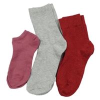 3x - Ponožky - starorůžové žebrované kotníčkové, šedé melírované vel. 34-36, červené žebrované se třpytkami