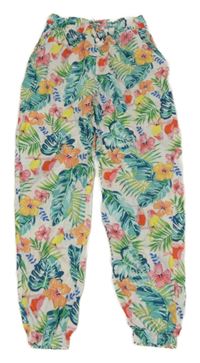 Biele cuff ľahké nohavice s papoušky a lístečky H&M