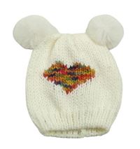 Smotanová pletená čapica so srdcem a bambulemi