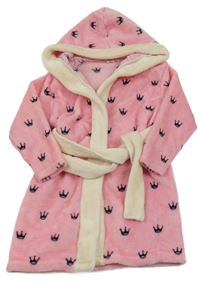 Růžový chlupatý župan s korunkami a kapucí