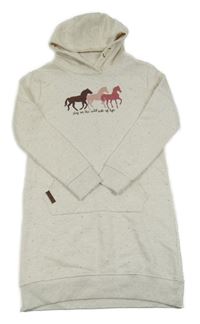 Béžové melírované puntíkaté teplákové šaty s koňmi a kapucí Yigga