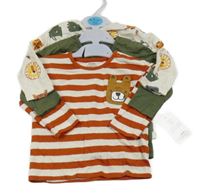 Nové - 3x triko - béžové melírované se zvířaty + khaki melírované + béžovo-hnědé pruhované F&F