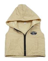 Béžová šušťáková zateplená vesta s nášivkou a kapucňou Shein