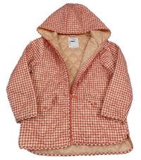 Červeno-bílá kostkovaná prošívaná šusťáková zateplená bunda s kapucí Vertbaudet