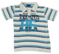 Bielo-modré pruhované polo tričko s číslom a nápisom