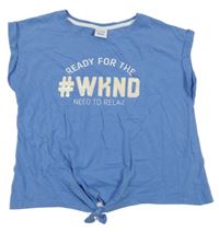 Modré tričko s nápisom s flitrami a uzlom Y.F.K.