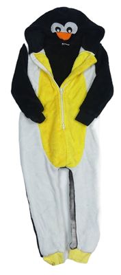 Bielo-žlto-čierna chlpatá kombinéza s kapucí - tučňák