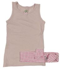 2 set - Svetloružová košilka + bielo-ružová kockovaná čelenka s mašlou