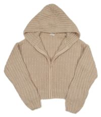 Svetloružový rebrovaný chlpatý crop sveter s kapucňou Next