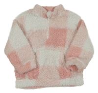 Bielo-ružová kockovaná huňatá mikina Shein