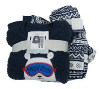 Nové - tmavomodro-bílé vzorované plyšové/huňaté pyžamo s medvědem Primark
