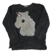 Tmavošedý chlupatý svetr s jednorožcem H&M