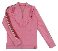 Růžovo-červená propínací mikina s nápisy a volánkem 