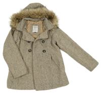 Béžovo-bílo-černý melírovaný podšitý vlněný kabát s kapucí s kožešinou C&A