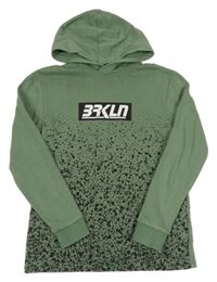 Zeleno-černá mikina s fleky a nápisem a kapucí H&M