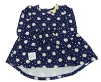 Nové - Tmavomodro-bielo-žlté kvetované šaty s mašlou