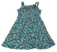 Zelenomodro-starorůžovo-tyrkysové kvetované šaty