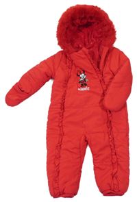 Červená šusťáková zimní kombinéza s Minnie a kapucí George