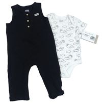 2set- černý teplákový overal s nášivkou+ bílé body s mráčky a sluníčkem Mamas&Papas