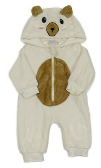 Bílo-hnědá chlupatá kombinéza s medvídkem na kapuci