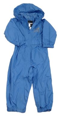 Modrá šusťáková voděodolná kombinéza s potiskem a kapucí 