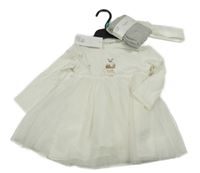 Nové - 3set- biele šaty s obrázkem+ punčocháče+ čelenka F&F