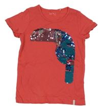 Růžové tričko s tukanem z překlápěcích flitrů Esprit