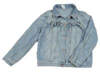 Svetlomodrá šisovaná rifľová crop bunda s volánikmi a písmenkom a golierikom H&M