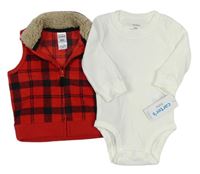 2set - Červeno-černá kostkovaná fleecová vesta + bílé body Carters