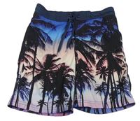 Tmavomodro-ružové plážové kraťasy s palmami H&M