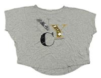 Sivé oversize crop tričko s nápisem z flitrů zn. H&M