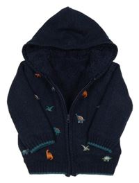 Tmavomodrý propínací zateplený svetr s dinosaury a kapucí Nutmeg