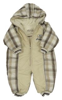 Béžovo-hnedá kockovaná šušťáková zimná kombinéza s psíkom a kapucňou Merkids