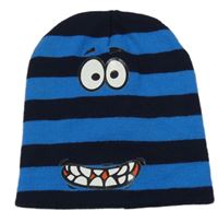 Tmavomodro-modrá pruhovaná pletená čepice s příšerkou 