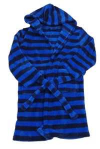 Tmavomodro-modrý pruhovaný chlupatý župan s kapucí 