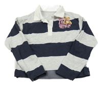 Tmavomodro-sivé pruhované polo crop tričko s medvedíkom Dunnes