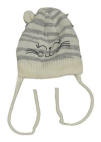 Smetanovo-sivá pruhovaná pletená zavazovací čapica s čumáčkem a uškami Ergee