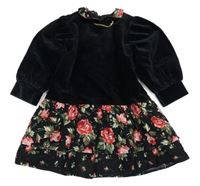 Čierne sametovo/manšestrovo-plátenné šaty s růžemi a retiazkou a golierikom