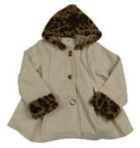 Svetlobéžový flaušový kabát so vzorovanou kožešinou a kapucňou