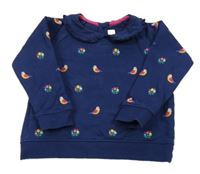 Tmavomodrá podšitá mikina s vtáčky a kvietkami a golierikom Jojo Maman Bébé