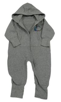Šedá melírovaná tepláková kombinéza s písmenky a kapucí