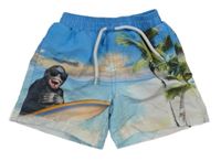 Modro-světlepudrové plážové kraťasy s opičkou a palmami NUTMEG