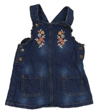 Tmavomodré rifľové šaty s kvietkami a volánikmi