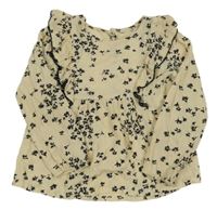 Smetanovo-černá mačkaná halenka s kytičkami a volánky ZEEMAN