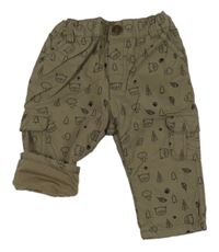 Khakišedé cargo plátenné podšité nohavice s medvedíkmi a stromami Smile