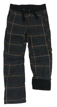Čierno-sivo-marhuľové kockované plátenné podšité nohavice s úpletovým pasom Dopodopo