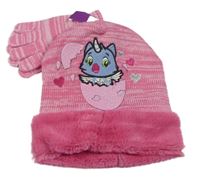 Nové - 2set - Ružová melírovaná pleteno/chlupatá čapica s Hatchimals + prstové rukavice