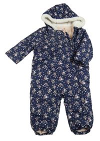 Tmavomodrá kvetovaná šušťáková zimná kombinéza s kapucňou C&A
