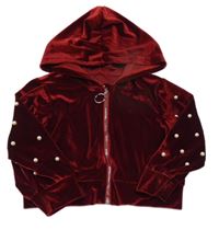 Vínová zamatová prepínaci crop mikina s perlami a kapucňou