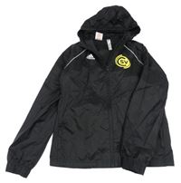 Černá šusťáková sportovní bunda s potiskem a kapucí Adidas